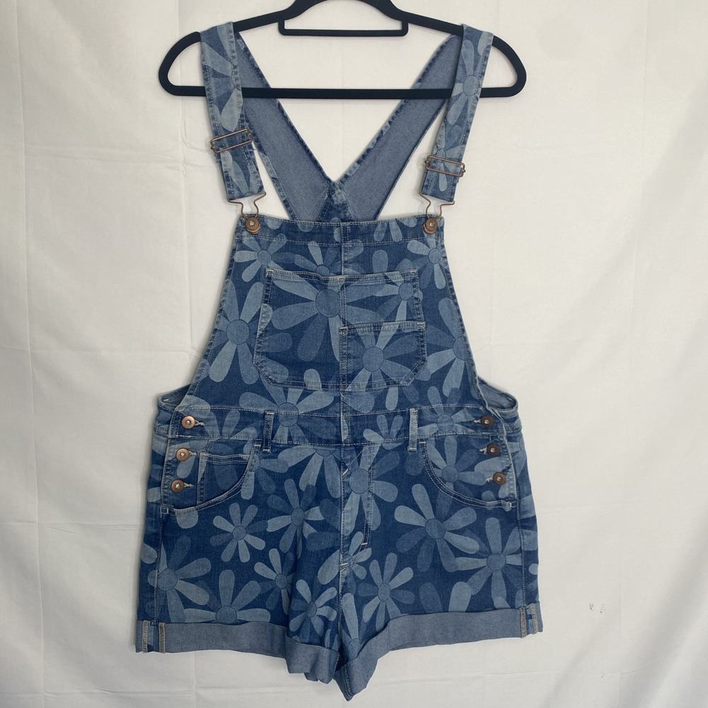 No Boundries Floral Bib Overall Shorts Girls Junior Sz L (11-13) Stretch Denim